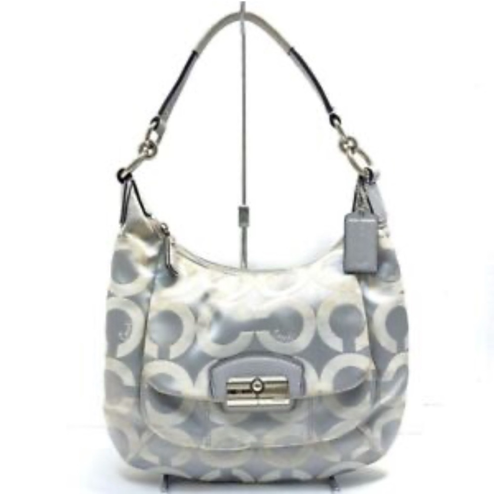 COACH KRISTIN EMBELLISHED SIGNATURE HOBO BAG IN SILVER AND GRAY COLOR